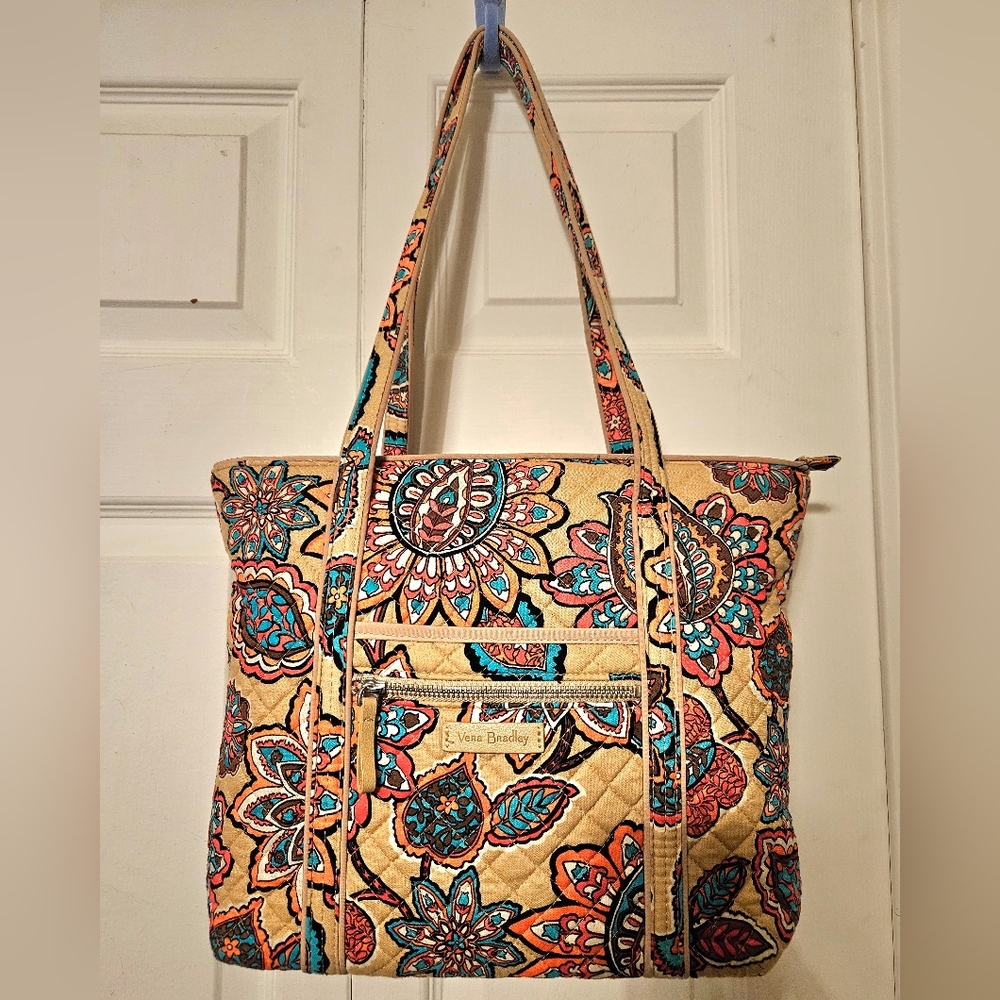 #637 Vera Bradley Tan and Red Multicolored Quilted Tote Bag - Picture 1 of 12